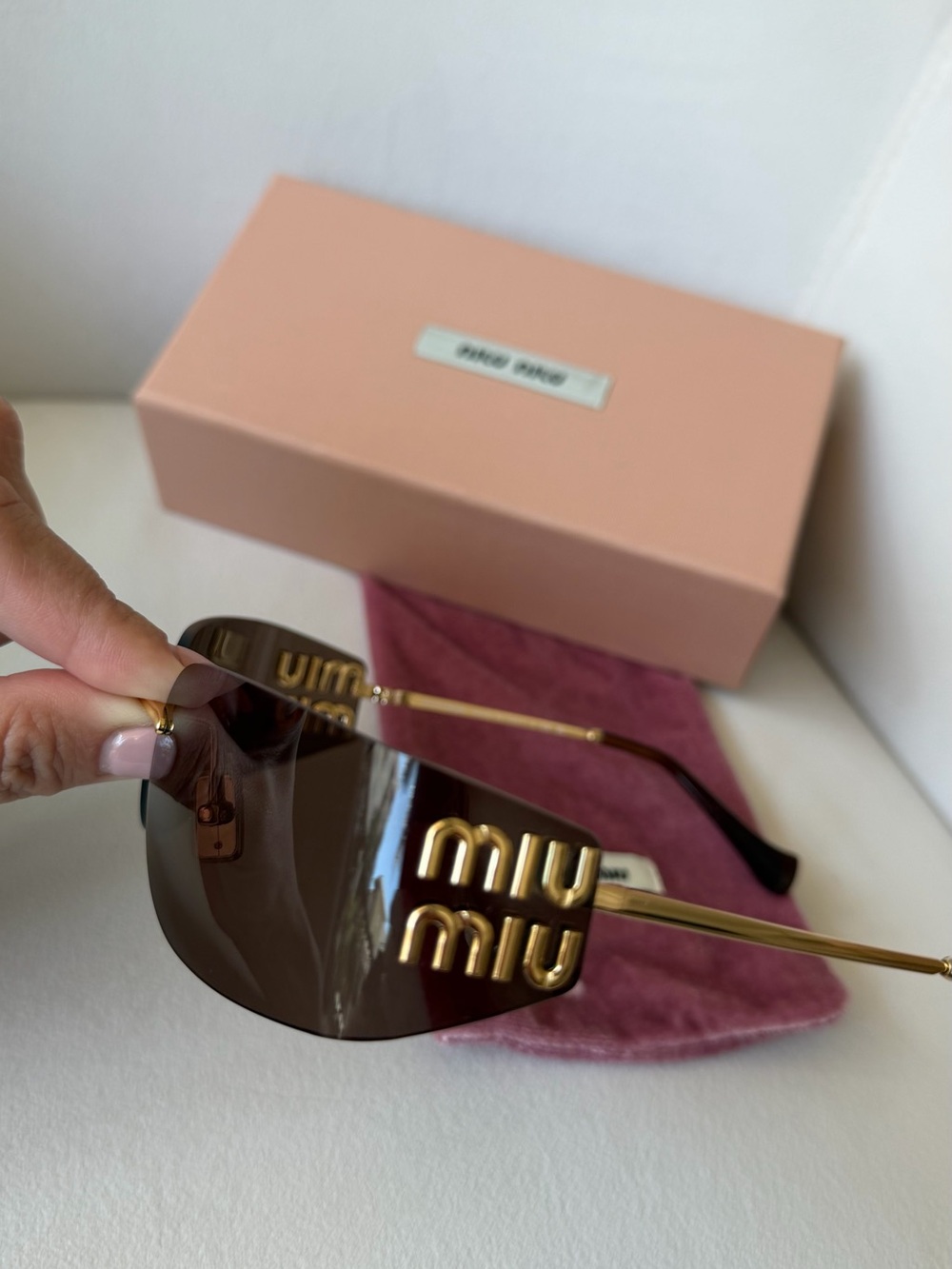 Miu Miu Gold-Logo Brown Shield Sunglasses
